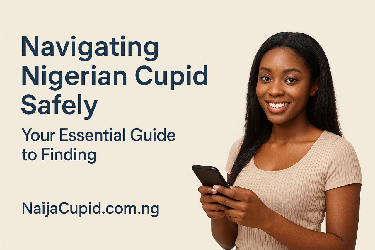 Elegant Nigerian couple using NaijaCupid dating site safely on their phones, symbolizing trust and real connections — blog cover for “Navigating Niger
